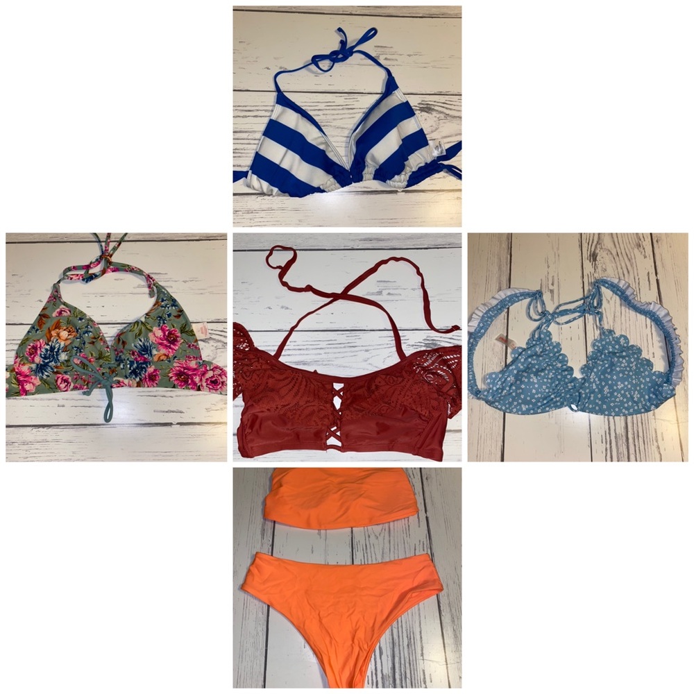 Five different swimsuit tops and orange swim set.